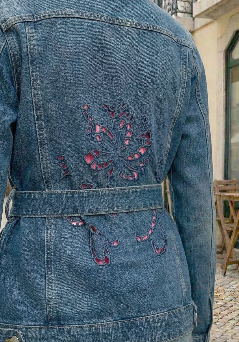 Jeans Jacket Flower Embroidery - blue