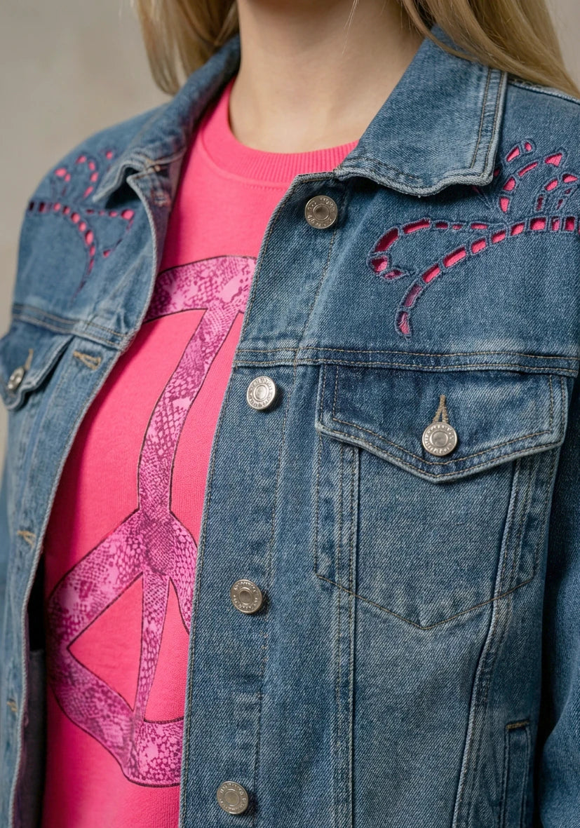 Jeans Jacket Flower Embroidery - blue