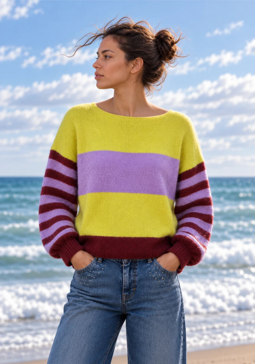 Knit Sweater Striped Sleeves - multicolor