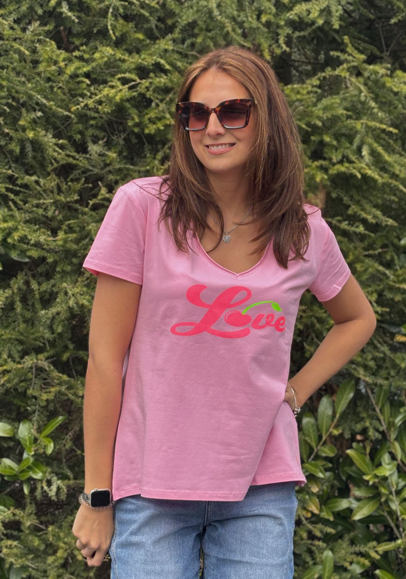 T-Shirt V-Neck Love - rosa