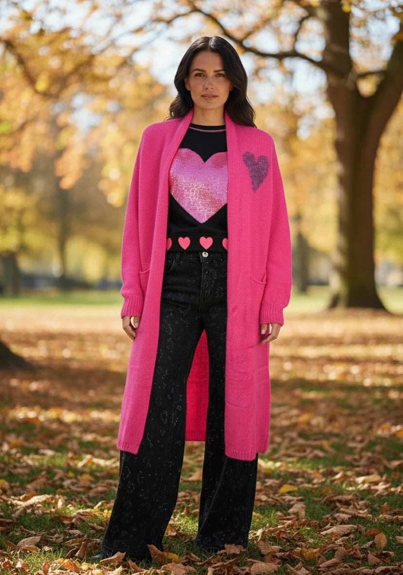 Long Cardigan Multicolor Heart - neonpink