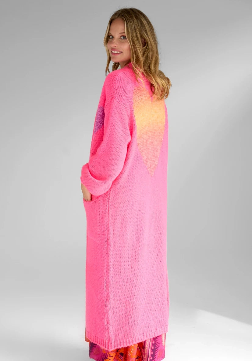 Long Cardigan Multicolor Heart - neonpink