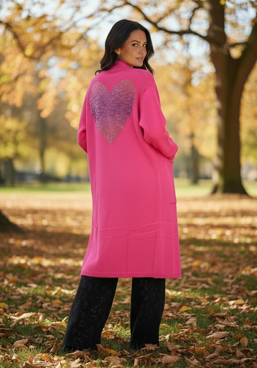 Long Cardigan Multicolor Heart - neonpink