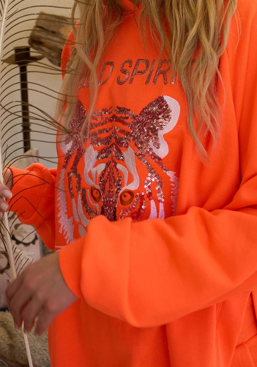 Hoodie Tiger Paillette - neonorange