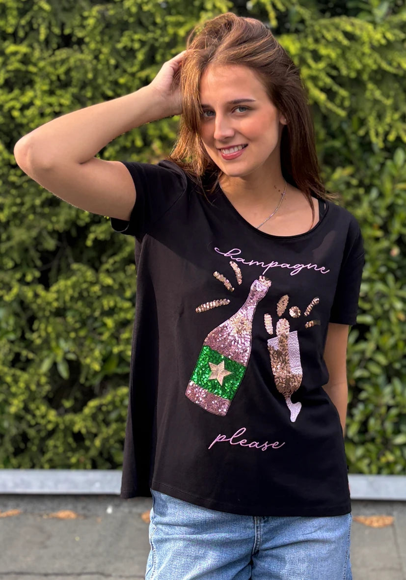 T-Shirt Roundneck Champagne Please - schwarz