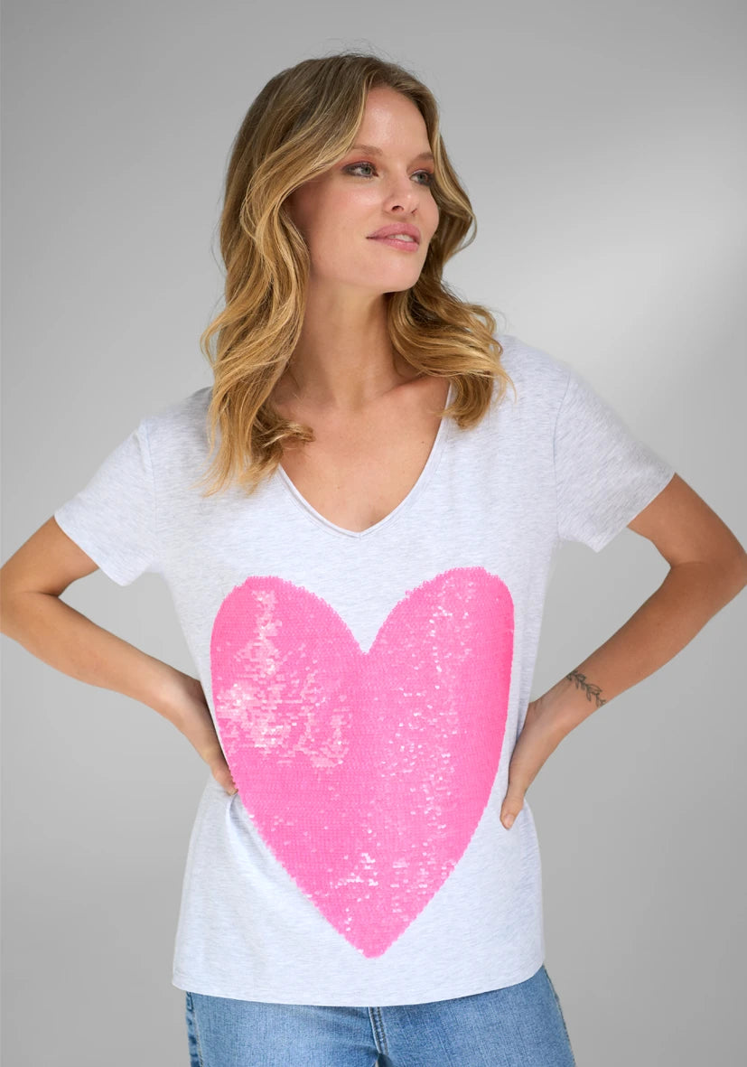 T-Shirt Roundneck Heart Paillette - hellgrau