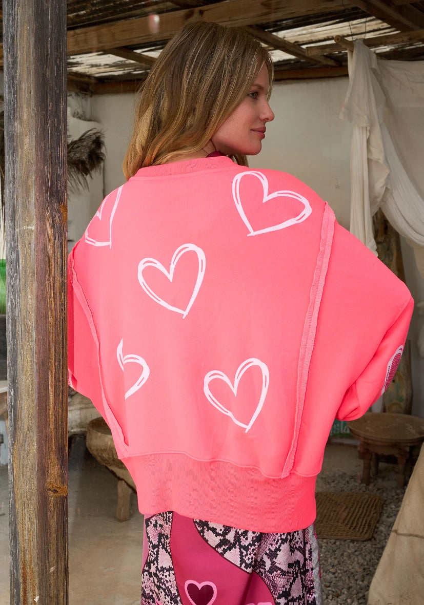 Roundneck Sweater Wide Heart Strass - pink