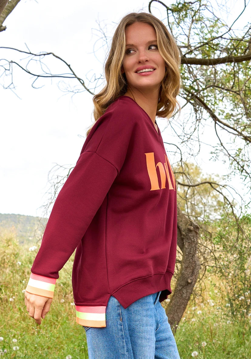 V-Neck long Hello! - bordeaux