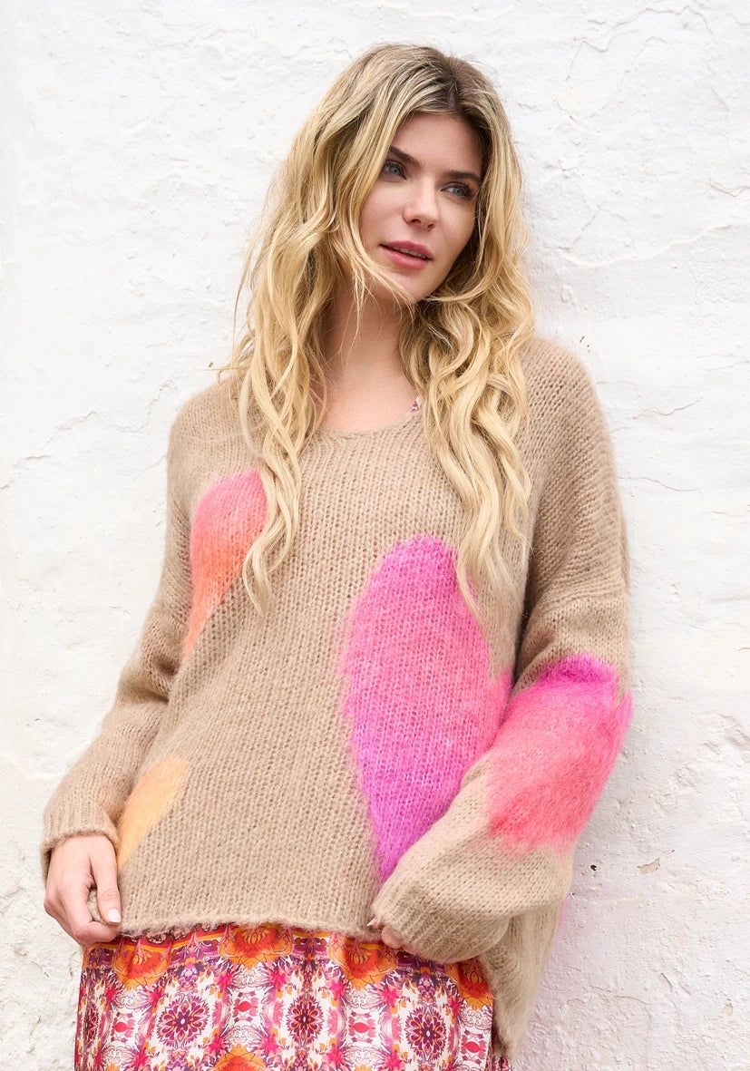 V-Neck Pullover Hearts multicolor - sand