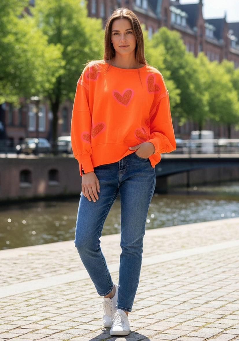 Roundneck Sweater Wide Heart Strass - neonorange