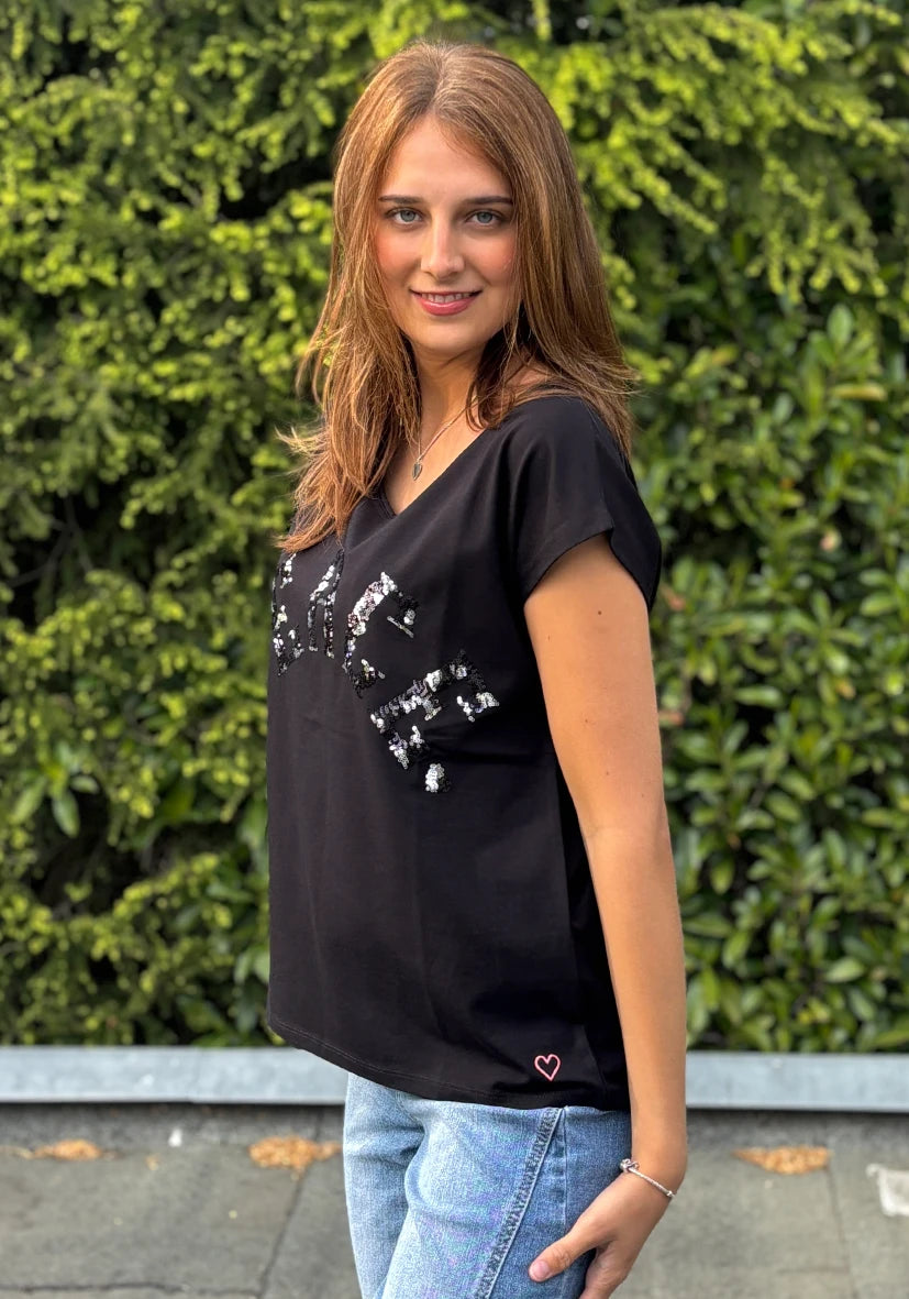 Roundneck T-Shirt Peace Paillette - schwarz