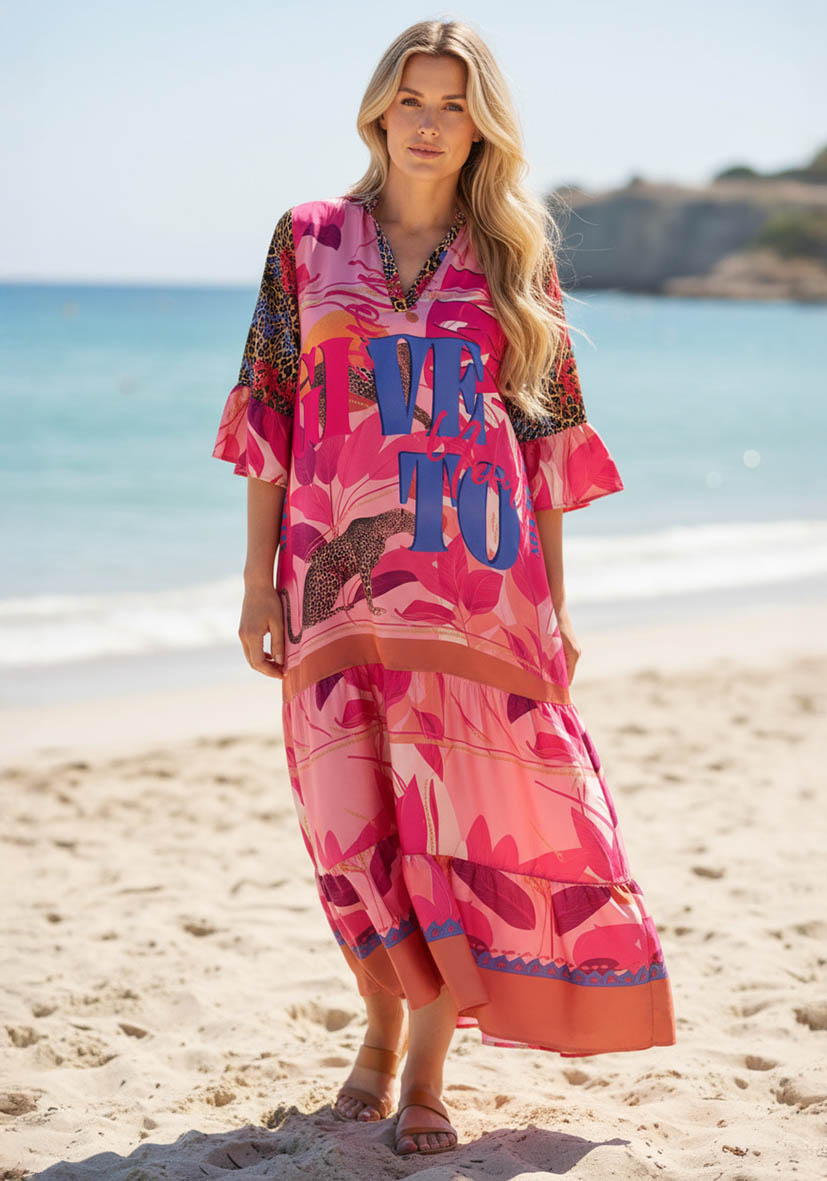 Dress Trumpet Arms Pink Butterfly