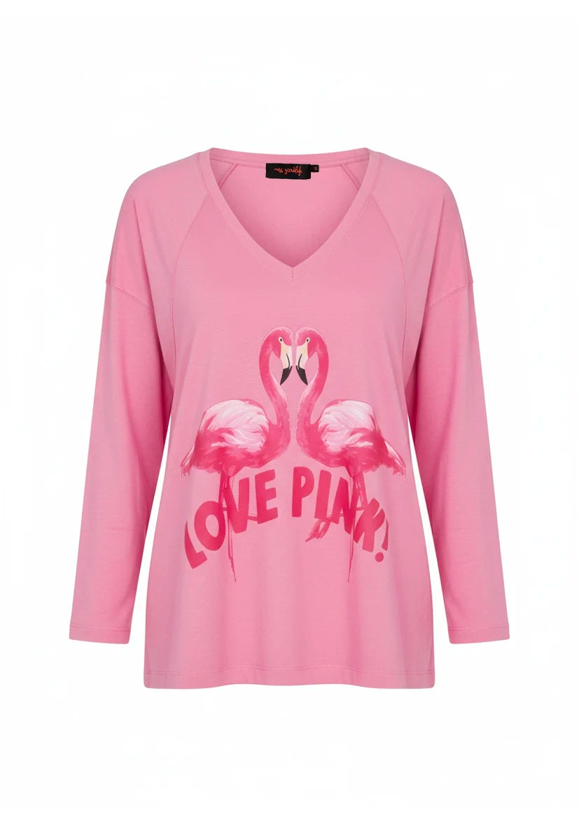 Longsleeve V-Neck Flamingos Love Pink - flashrose