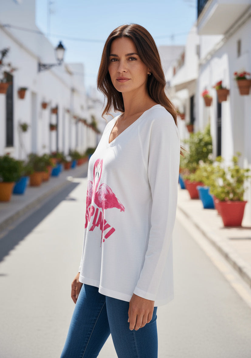 Longsleeve Flamingos Love Pink - weiß