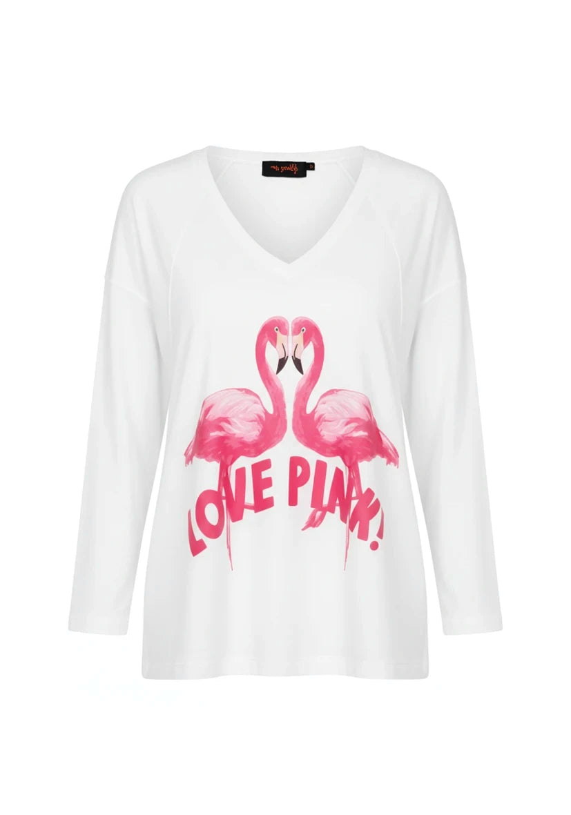 Longsleeve Flamingos Love Pink - weiß