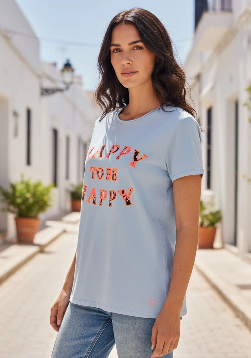 T-Shirt Roundneck Happy To Be Happy - hellblau