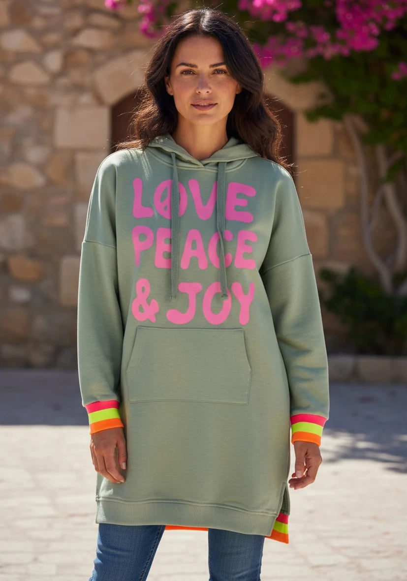 Long Hoodie Love Peace and Joy - almond