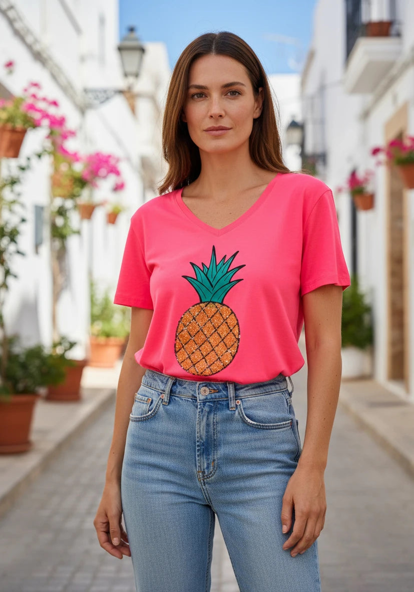 T-Shirt V-Neck Pineapple - neonpink