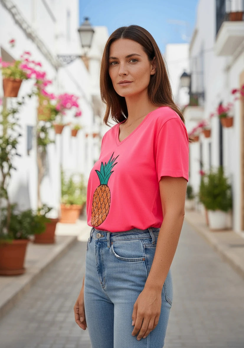T-Shirt V-Neck Pineapple - neonpink
