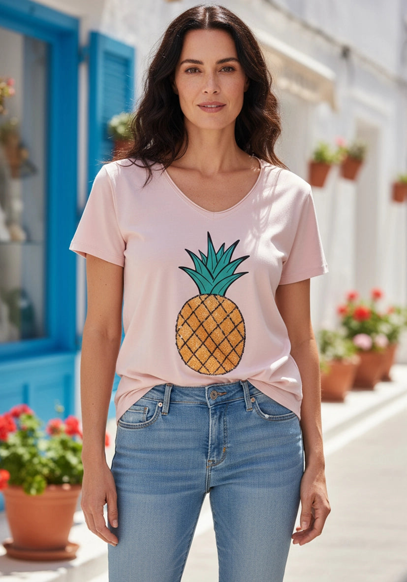 T-Shirt V-Neck Pineapple - rosé