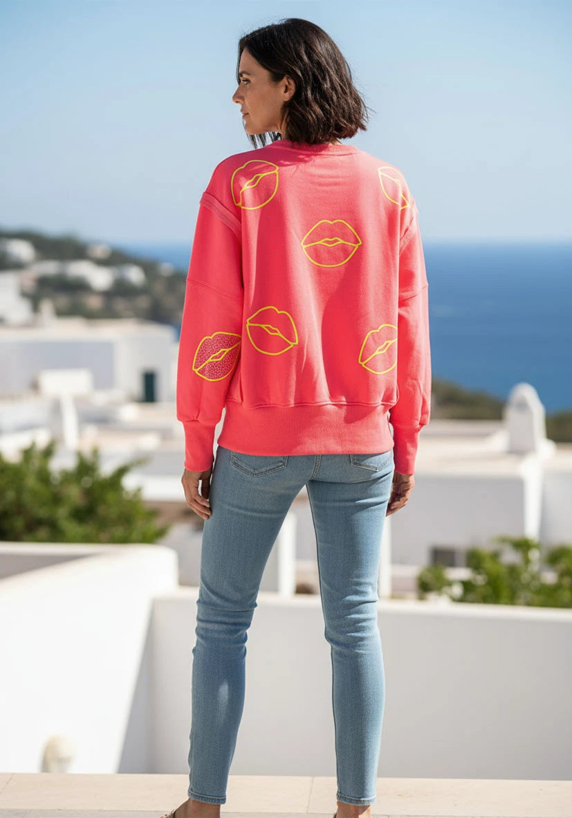 Roundneck Wide Kiss Strass - neonpink