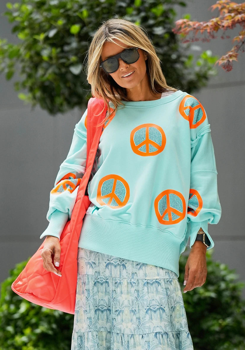 Roundneck Wide Peace Strass - türkis