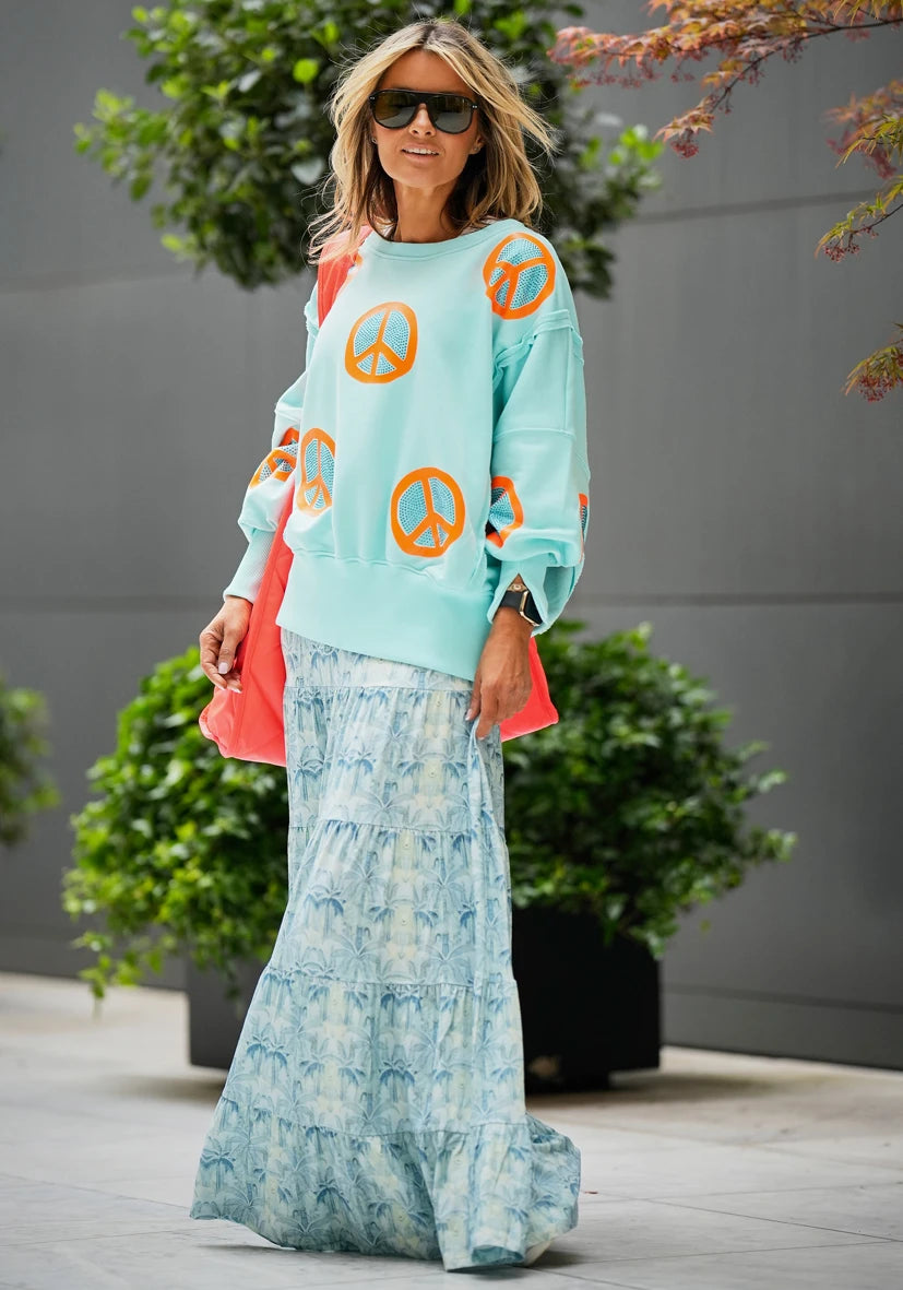Roundneck Wide Peace Strass - türkis