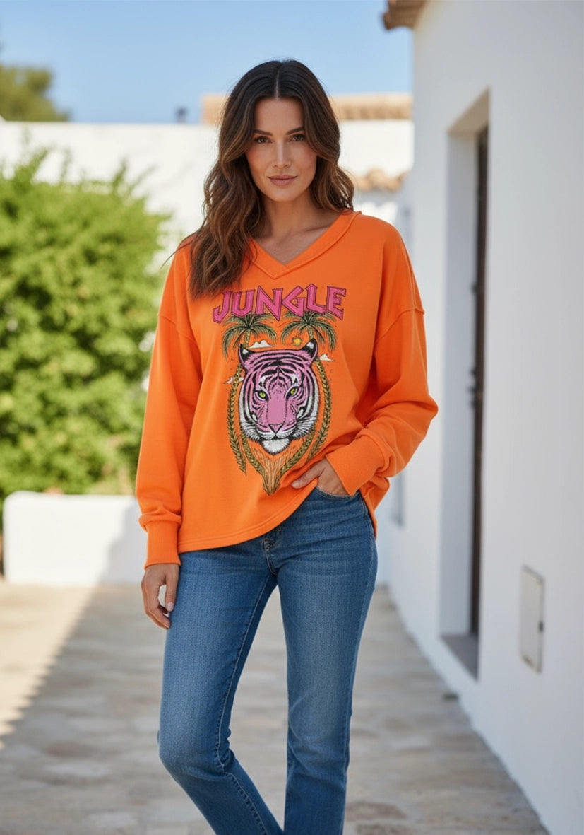 Flowing Deep V-Neck Jungle Tiger - neonorange
