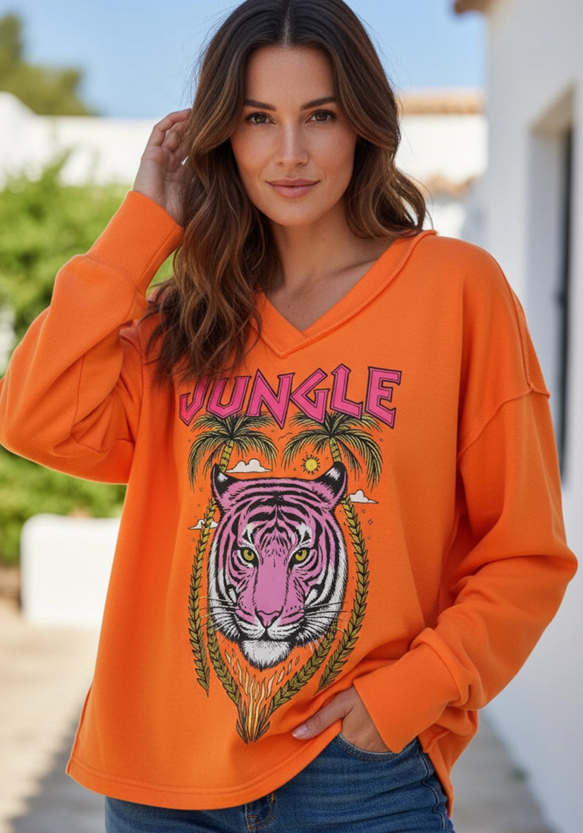 Flowing Deep V-Neck Jungle Tiger - neonorange