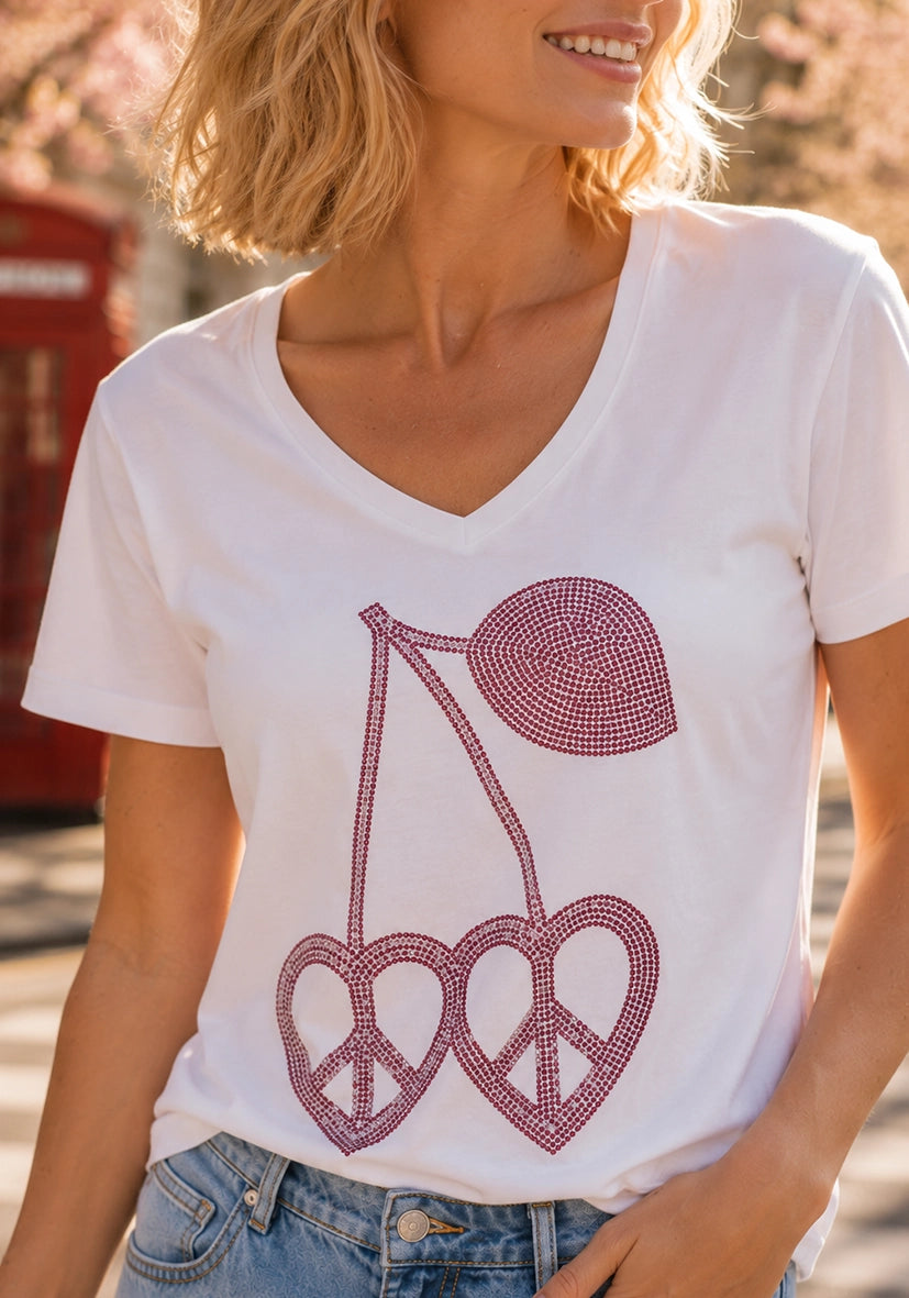 T-Shirt V-Neck Cherry Peace - weiß