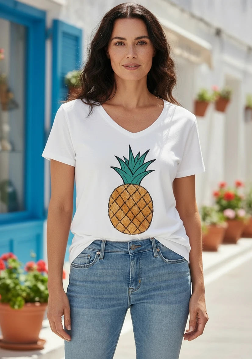 T-Shirt V-Neck Pineapple - weiß
