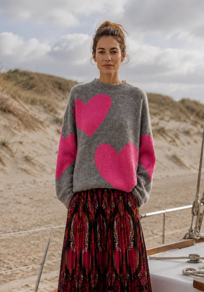 Knit Sweater Big Hearts - grey
