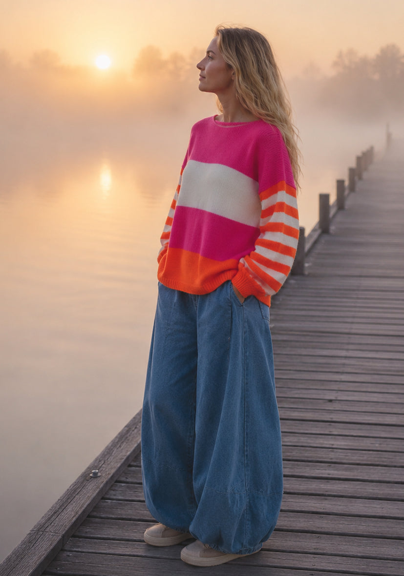Knit Sweater Striped Sleeves