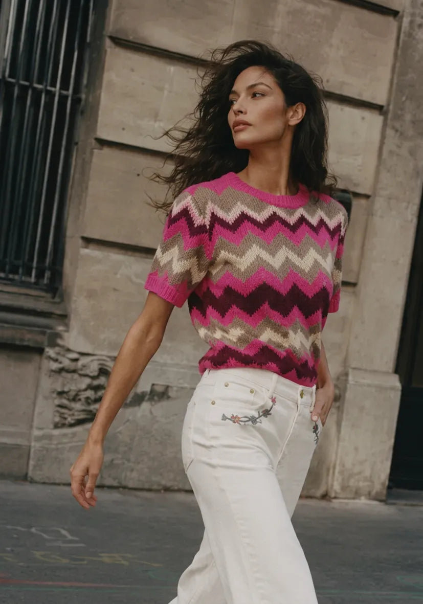 Knit Sweater Shortsleeve Zig Zag - neonpink