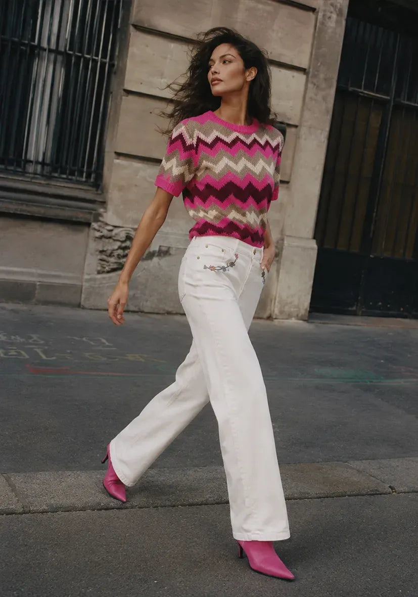 Knit Sweater Shortsleeve Zig Zag - neonpink