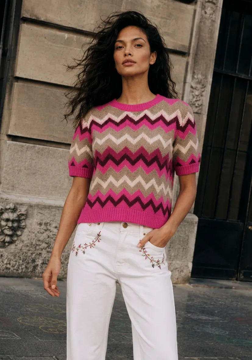 Knit Sweater Shortsleeve Zig Zag - neonpink