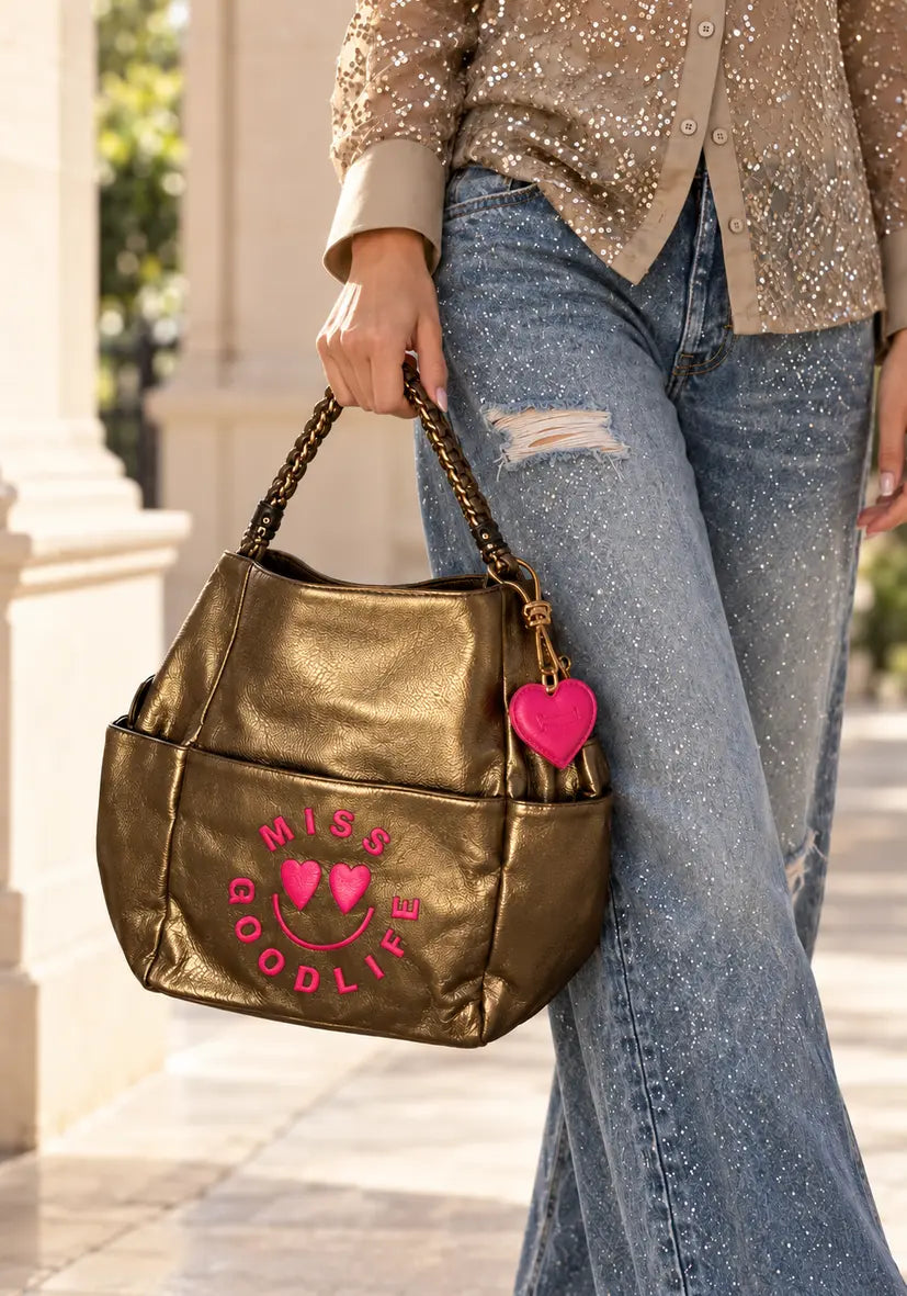 Braided Leather Bag Miss Goodlife Heartface - Beige-Gold