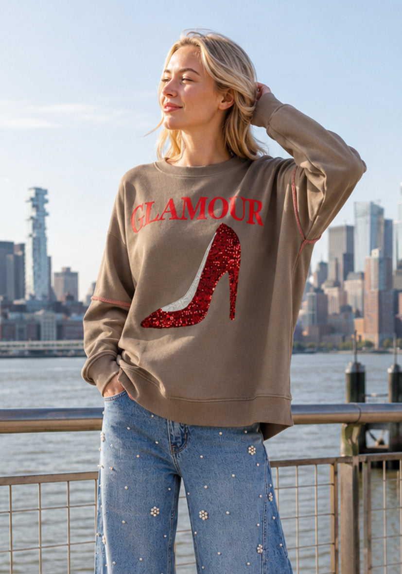 Sweatshirt Roundneck Glamour Paillette - sand