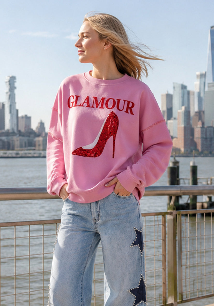 Sweatshirt Roundneck Glamour Paillette - pink