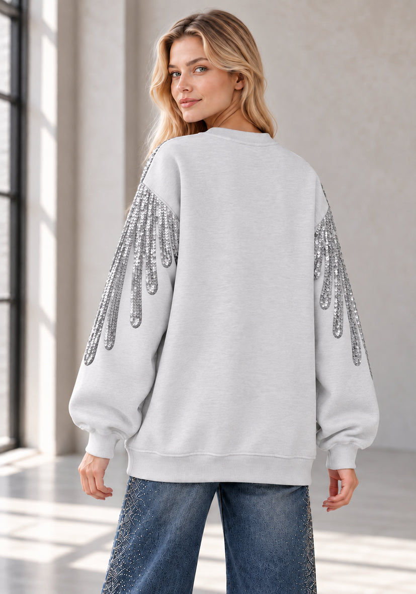 Roundneck Feather Paillette - hellgrau