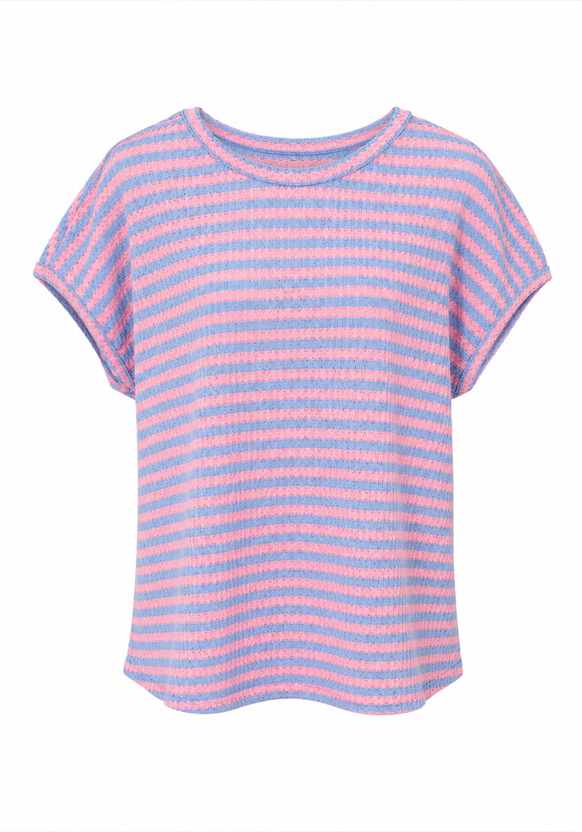 T-Shirt summer stripes - flashrose/ lightblue