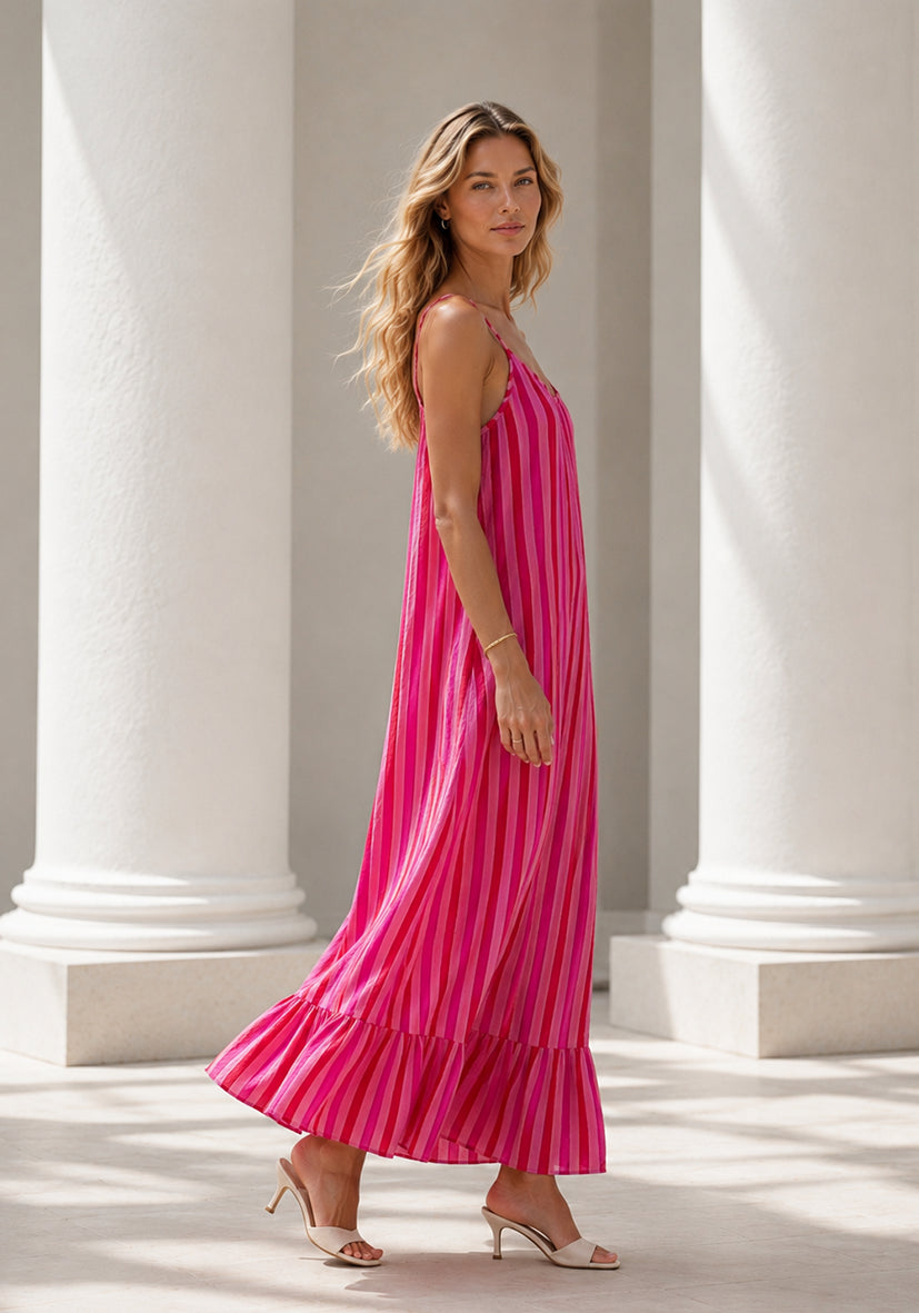 Maxi Dress Muslin Stripes - red