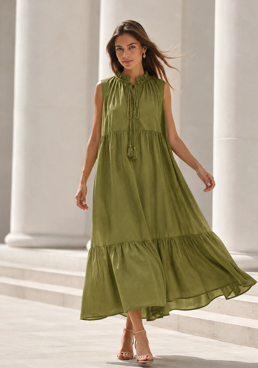 Maxi Dress PomPom - oliv
