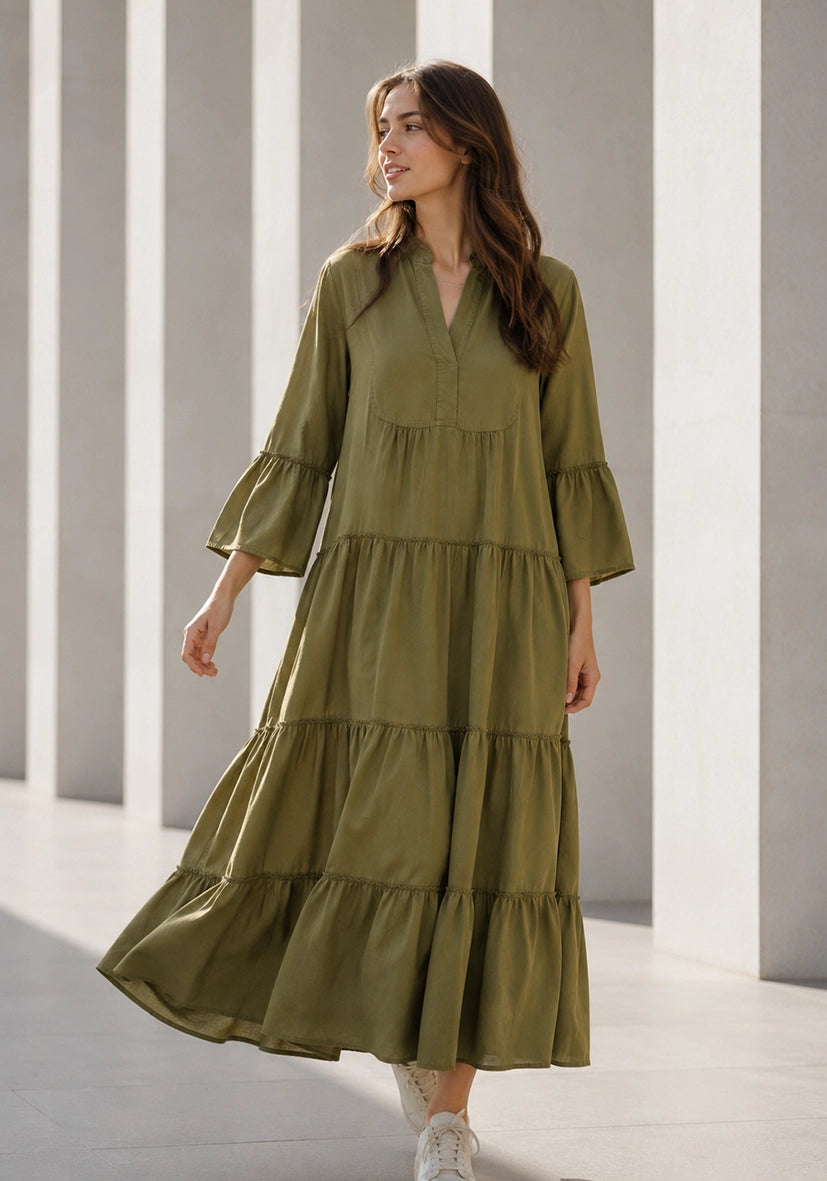 Maxi Dress Trumpet Arms - oliv