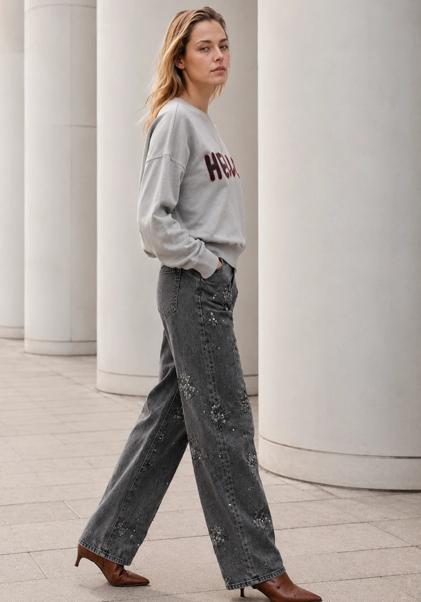 Jeans Sequin Flowers - grau
