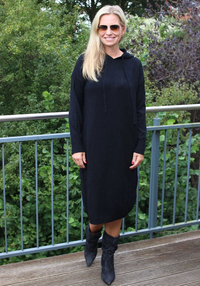 Dress Knitted Hoodie long - black
