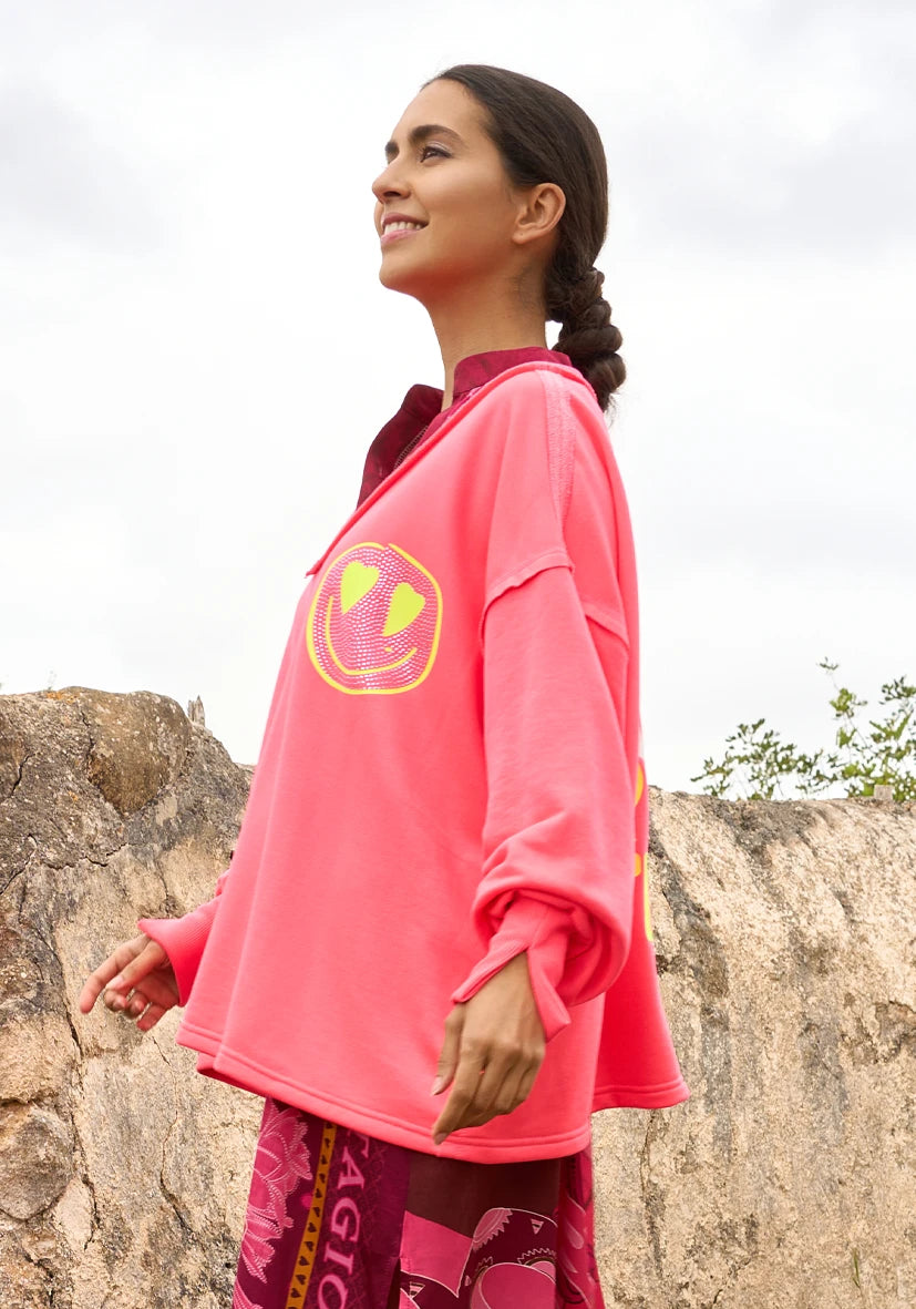 V-Neck Heartface City - neonpink