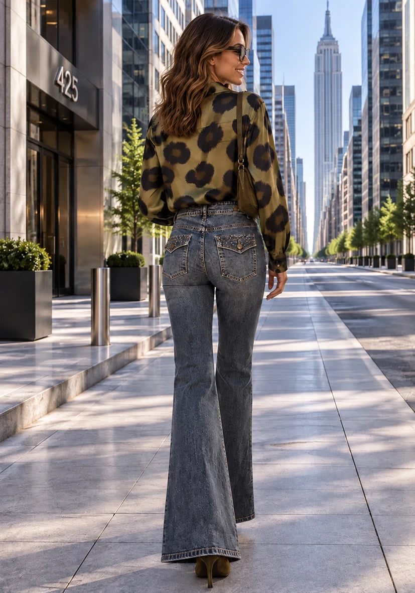 Flared Jeans Strass - grau