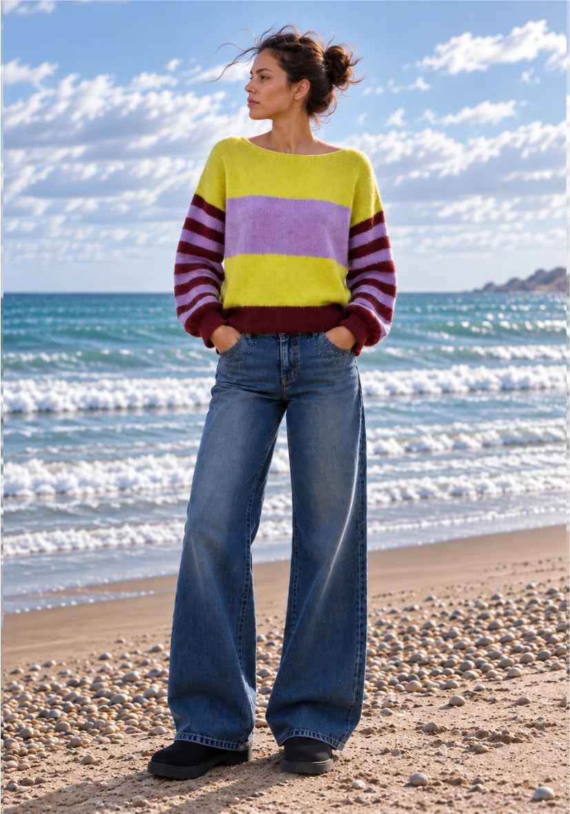 Knit Sweater Striped Sleeves - multicolor