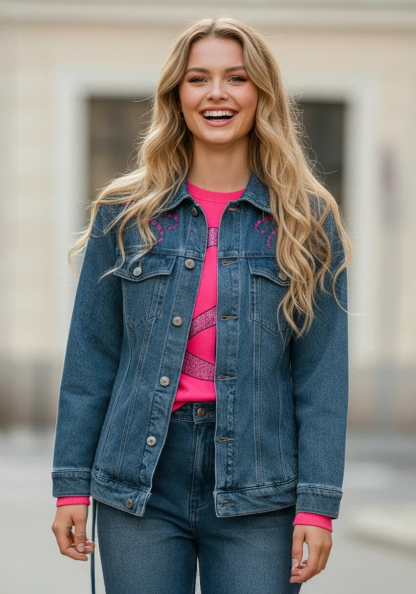 Jeans Jacket Flower Embroidery - blue